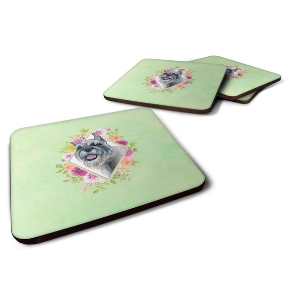 Carolines Treasures 3.5 x 3.5 in. Schnauzer Green Flowers Foam Coaster, 4PK - CK4339FC