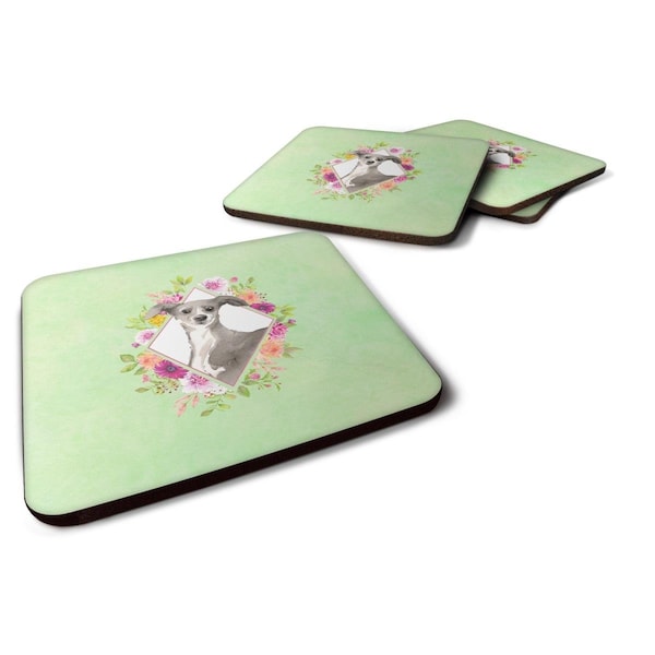 Carolines Treasures 3.5 x 3.5 in. Italian Greyhound Green Flowers Foam Coaster, 4PK - CK4390FC