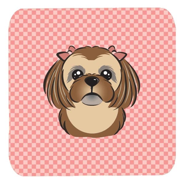 Carolines Treasures 3.5 x 3.5 In. Checkerboard Pink Chocolate Brown Shih Tzu Foam Coasters, 4PK - BB1249FC