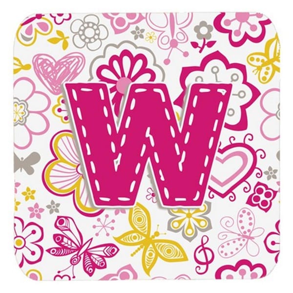 Carolines Treasures Letter W Flowers And Butterflies Pink Foam Coasters- Set of 4 - CJ2005-WFC