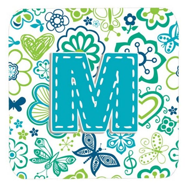 Carolines Treasures Letter M Flowers And Butterflies Teal Blue Foam Coasters- Set of 4 - CJ2006-MFC