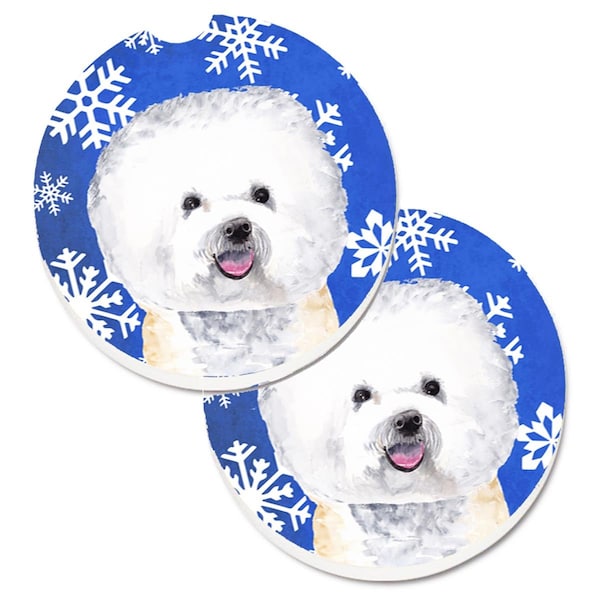 Carolines Treasures Bichon Frise Winter Snowflakes Holiday Cup Holder Car Coaster, 2PK - SC9362CARC