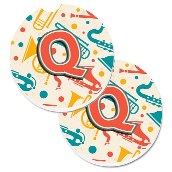 Carolines Treasures Letter Q Retro Teal Orange Musical Instruments Initial Cup Holder Car Coaster, 2PK - CJ2001-QCARC