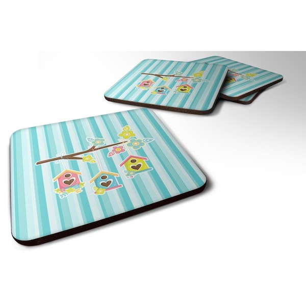 Carolines Treasures Birdhouses on Blue Stripes Foam Coasters - Set of 4 - BB7011FC