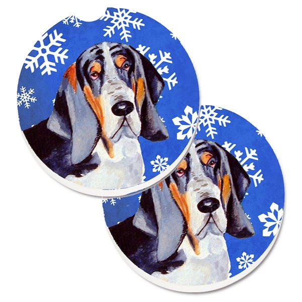 Carolines Treasures Basset Hound Winter Snowflakes Holiday Cup Holder Car Coaster, 2PK - LH9282CARC