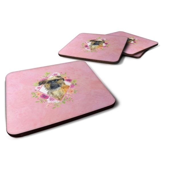 Carolines Treasures 3.5 x 3.5 in. Brussels Griffon Pink Flowers Foam Coaster, 4PK - CK4123FC