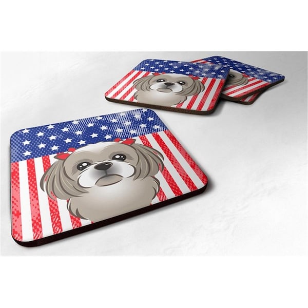 Carolines Treasures American Flag and Gray Silver Shih Tzu Foam Coaster, Set of 4 - BB2180FC