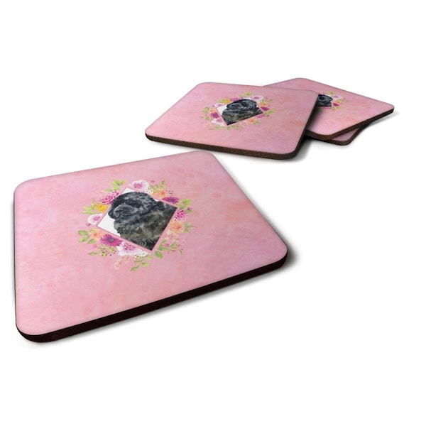 Carolines Treasures 3.5 x 3.5 in. Newfoundland Pink Flowers Foam Coaster, 4PK - CK4163FC