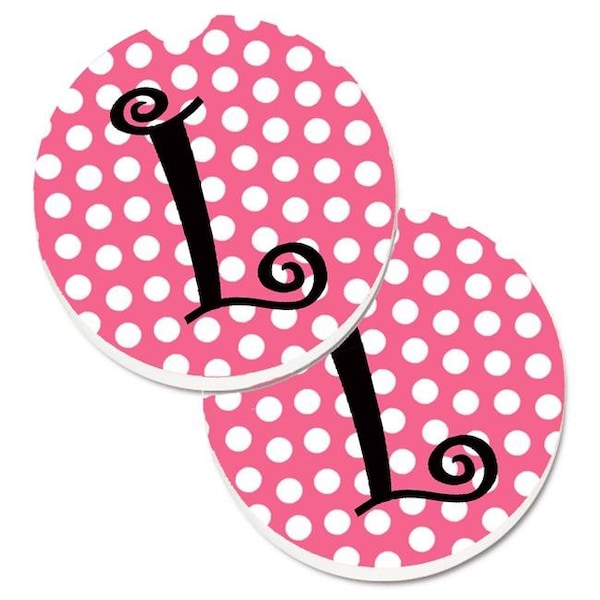 Carolines Treasures Carolines Treasures CJ1001-LCARC Letter L Monogram Pink & Black Polka Dots Set of 2 Cup Holder Car Coaster - CJ1001-LCARC
