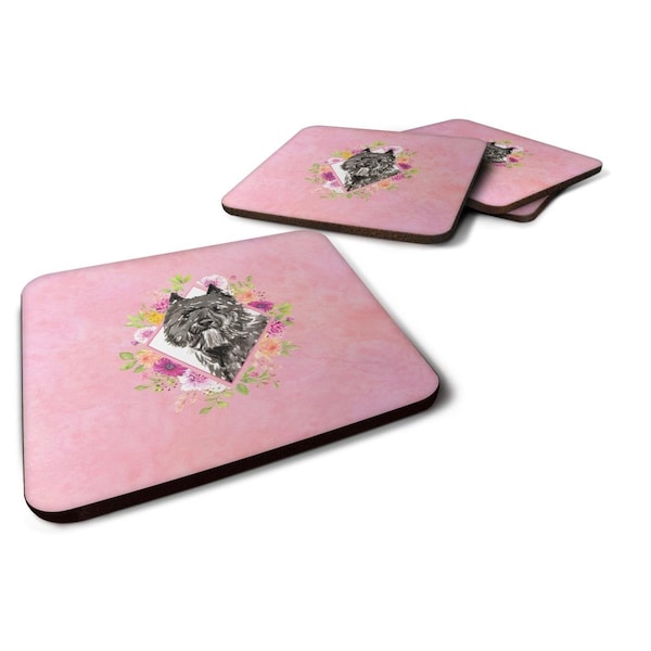 Carolines Treasures 3.5 x 3.5 in. Bouvier Des Flandres Pink Flowers Foam Coaster, 4PK - CK4256FC