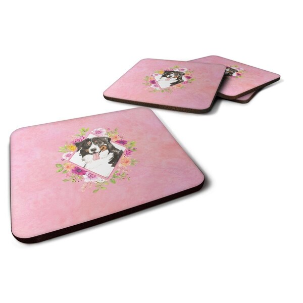 Carolines Treasures 3.5 x 3.5 in. Bernese Mountain Dog Pink Flowers Foam Coaster, 4PK - CK4264FC