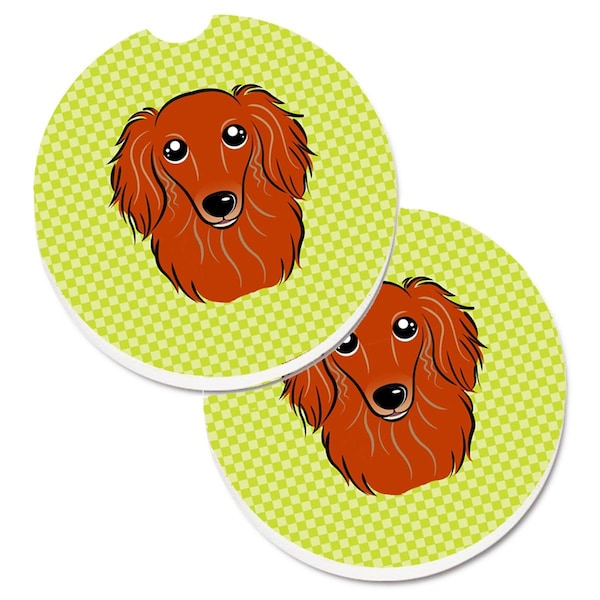 Carolines Treasures Checkerboard Lime Green Longhair Red Dachshund Cup Holder Car Coaster, 2PK - BB1276CARC