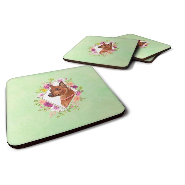 Carolines Treasures 3.5 x 3.5 in. Miniature Pinscher Green Flowers Foam Coaster, 4PK - CK4321FC