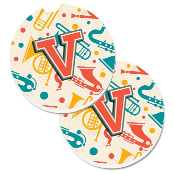 Carolines Treasures Letter V Retro Teal Orange Musical Instruments Initial Cup Holder Car Coaster, 2PK - CJ2001-VCARC