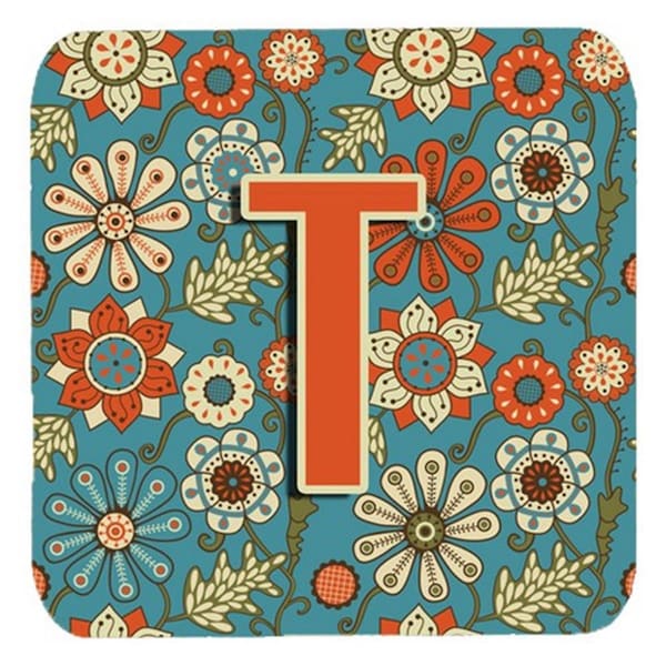 Carolines Treasures Letter T Flowers Retro Blue Foam Coasters- Set of 4 - CJ2012-TFC