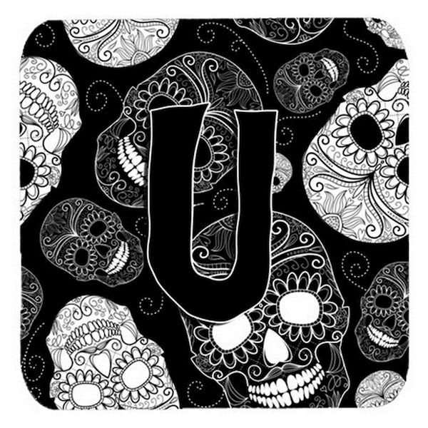 Carolines Treasures Letter U Day Of The Dead Skulls Black Foam Coasters- Set of 4 - CJ2008-UFC