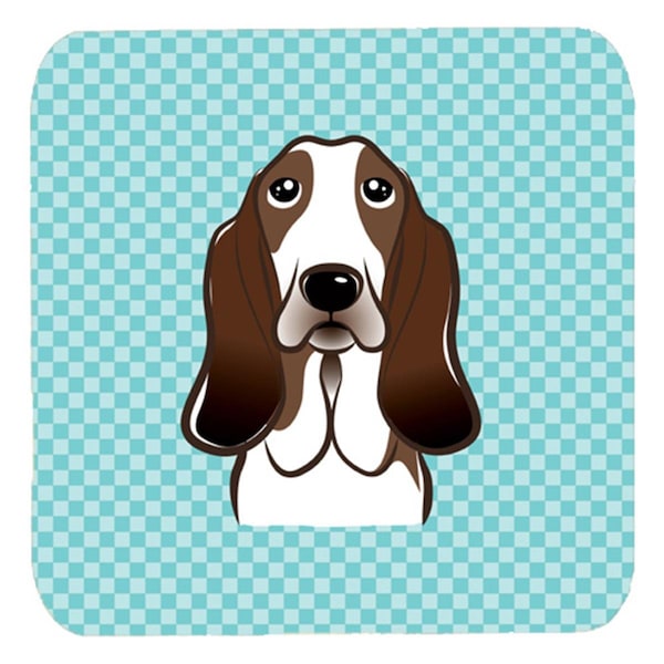 Carolines Treasures 3.5 x 3.5 In. Checkerboard Blue Basset Hound Foam Coasters- Set of 4 - BB1181FC