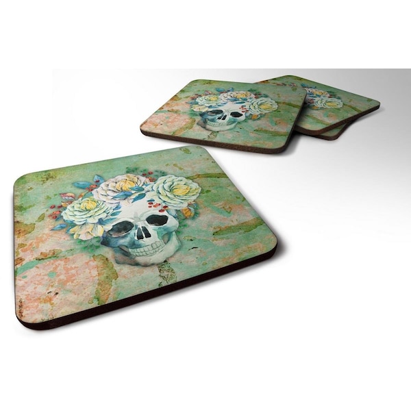 Carolines Treasures Day of the Dead Skull with Flowers Foam Coaster, Set of 4 - BB5124FC