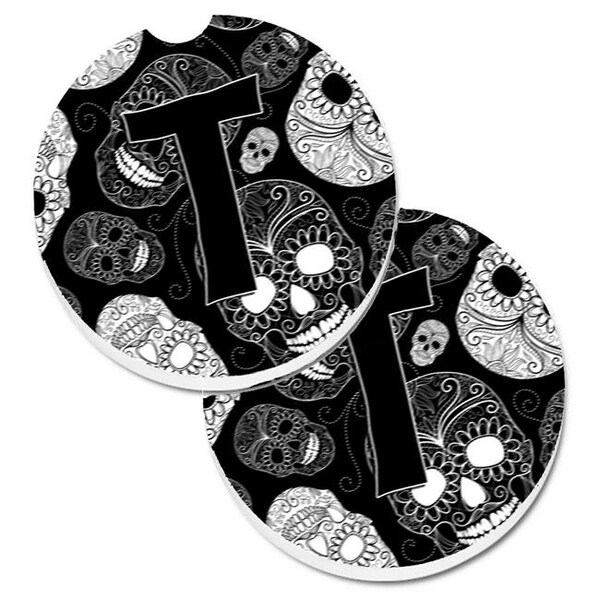 Carolines Treasures Carolines Treasures CJ2008-TCARC Letter T Day of the Dead Skulls Black Set of 2 Cup Holder Car Coaster - CJ2008-TCARC