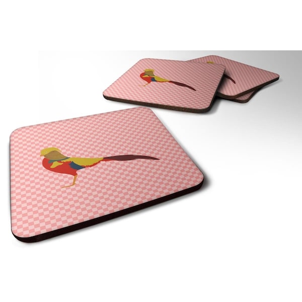 Carolines Treasures Golden or Chinese Pheasant Pink Check Foam Coaster, Set of 4 - BB7928FC