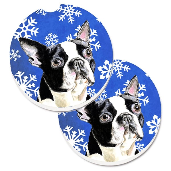 Carolines Treasures Boston Terrier Winter Snowflakes Holiday Cup Holder Car Coaster, 2PK - SC9360CARC