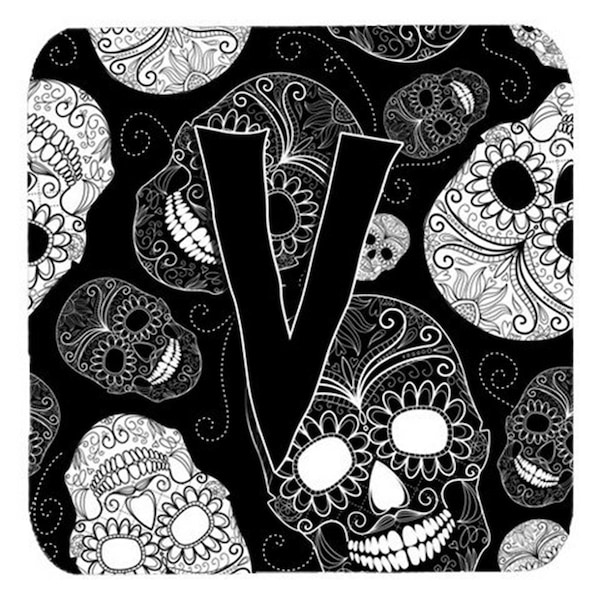 Carolines Treasures Letter V Day Of The Dead Skulls Black Foam Coasters- Set of 4 - CJ2008-VFC