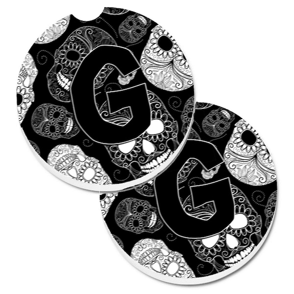 Carolines Treasures Letter G Day of the Dead Skulls Black Cup Holder Car Coaster, 2PK - CJ2008-GCARC