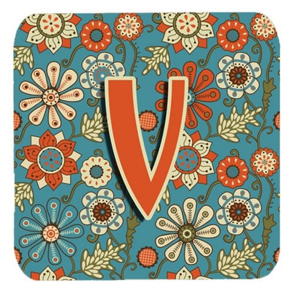 Carolines Treasures Letter V Flowers Retro Blue Foam Coasters- Set of 4 - CJ2012-VFC