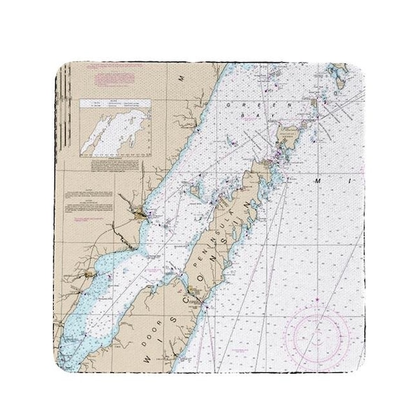 Betsy Drake Betsy Drake CT14902DC 4 x 4 in. Door County; Green Bay; WI Nautical Map Coaster - Set of 4 - CT14902DC