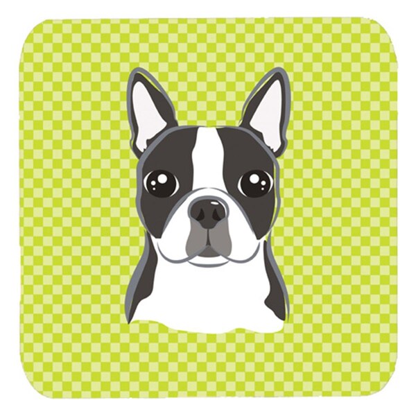 Carolines Treasures Lime Checkered Boston Terrier Foam Coasters Set of 4 - BB1139FC