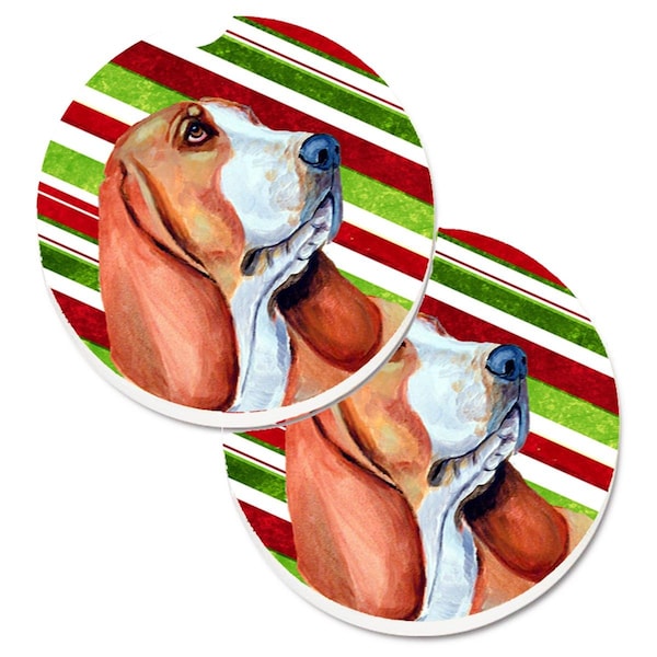 Carolines Treasures Basset Hound Candy Cane Holiday Christmas Cup Holder Car Coaster, 2PK - LH9242CARC