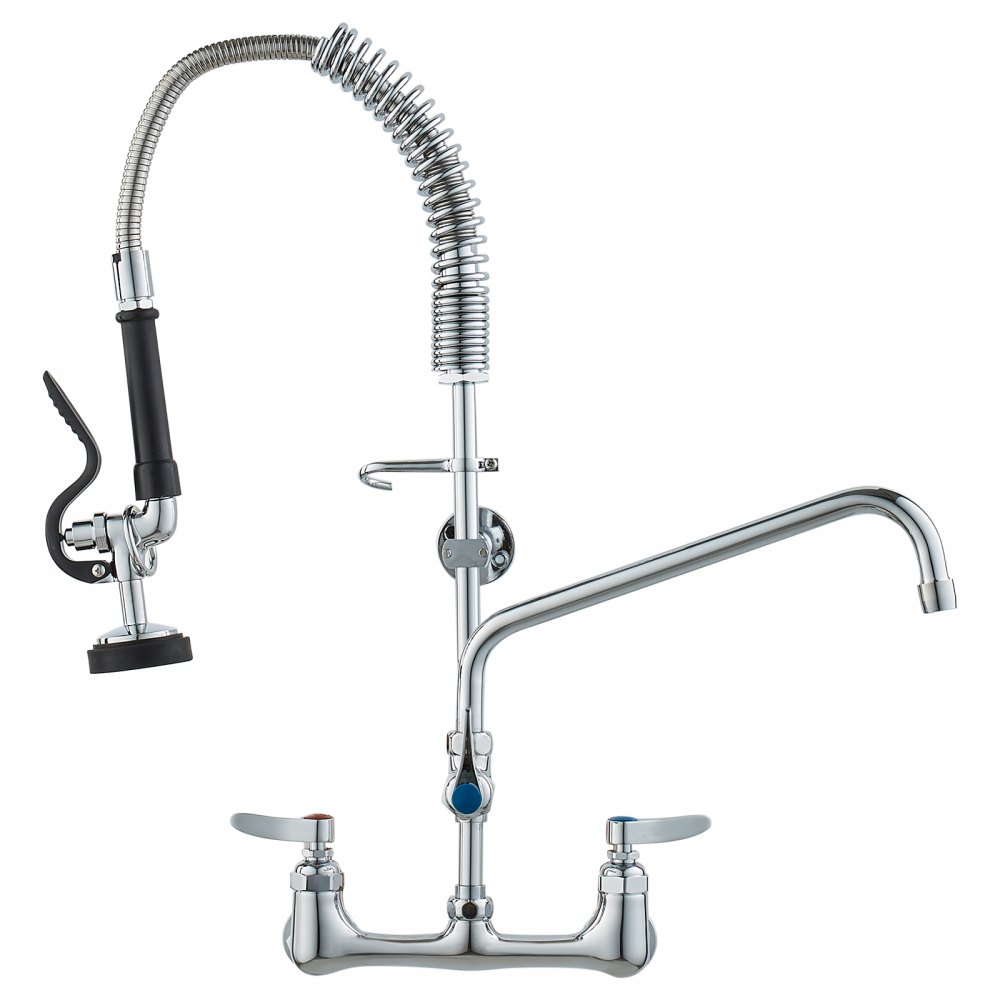 VEVOR Commercial Faucet with Pre-Rinse Sprayer, 25" Height, 8" Center, 12" Swing Spout, Wall Mount Kitchen Sink Faucet, Brass Constructed Device with Pull Down Spray, for 1/2/3 Compartment Sink - BGSYCXSLTBGSVEFGVV0