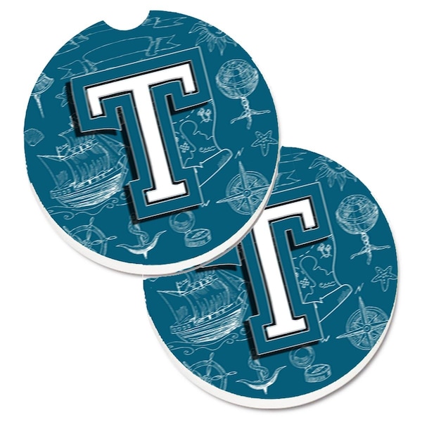 Carolines Treasures Letter T Sea Doodles Initial Alphabet Cup Holder Car Coaster, 2PK - CJ2014-TCARC