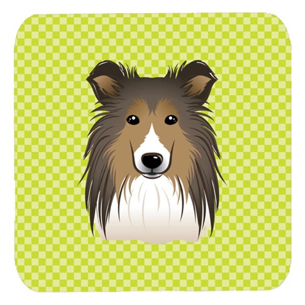 Carolines Treasures 3.5 x 3.5 In. Checkerboard Lime Green Sheltie Foam Coasters- Set of 4 - BB1304FC