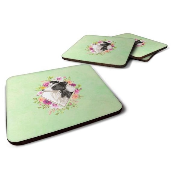 Carolines Treasures Carolines Treasures CK4418FC 3.5 x 3.5 in. Border Collie Green Flowers Foam Coaster - Set of 4 - CK4418FC