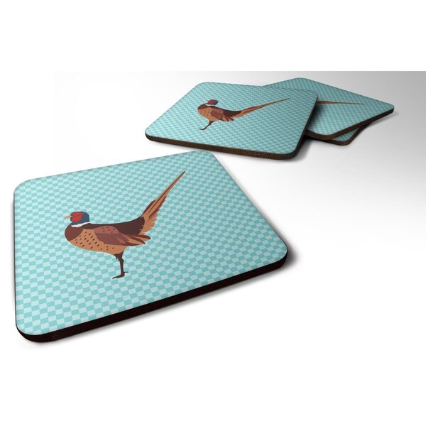 Carolines Treasures Ring-necked Common Pheasant Blue Check Foam Coaster, Set of 4 - BB8104FC