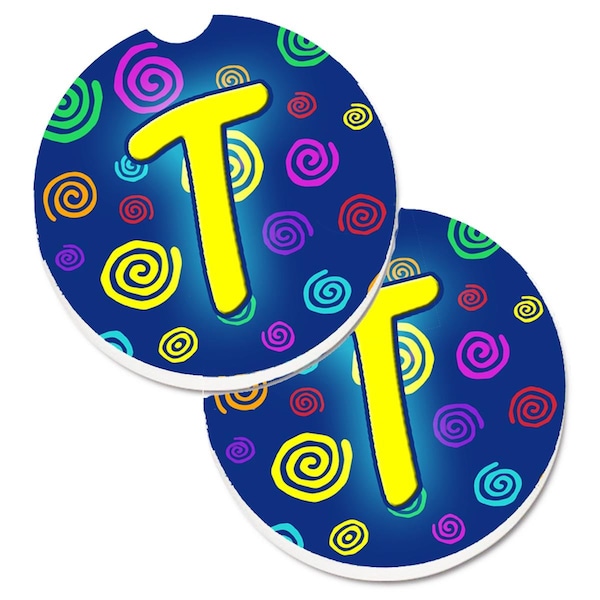 Carolines Treasures Letter T Initial Monogram Blue Swirls Cup Holder Car Coaster, 2PK - CJ1011-TCARC