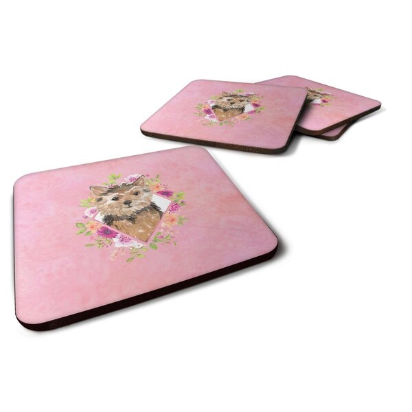 Carolines Treasures 3.5 x 3.5 in. Norwich Terrier Pink Flowers Foam Coaster, 4PK - CK4220FC