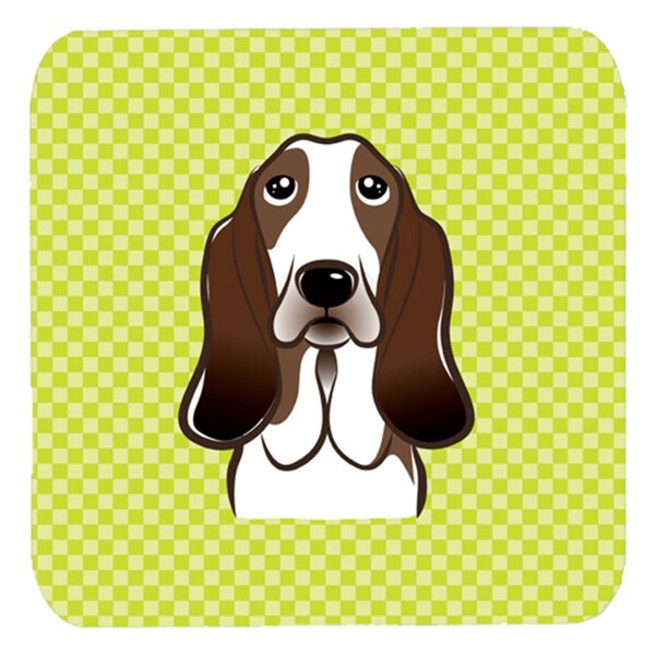 Carolines Treasures 3.5 x 3.5 In. Checkerboard Lime Green Basset Hound Foam Coasters, 4PK - BB1305FC