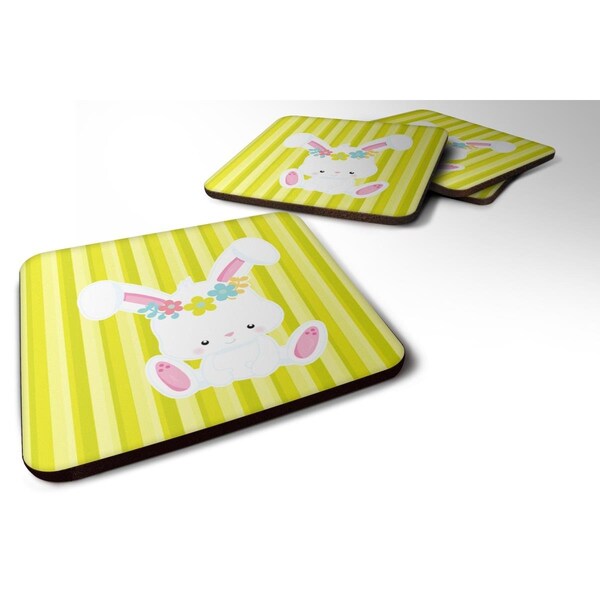 Carolines Treasures Easter White Rabbit With Flowers Foam Coasters - Set of 4 - BB7093FC