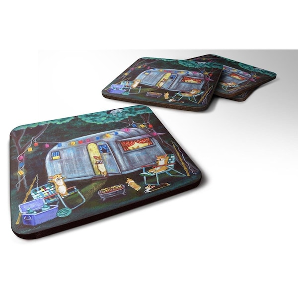 Carolines Treasures Corgi Glamping Fish Tales Trailer Foam Coasters - 7435FC