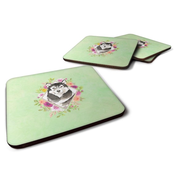 Carolines Treasures 3.5 x 3.5 in. Alaskan Malamute Green Flowers Foam Coaster, 4PK - CK4384FC