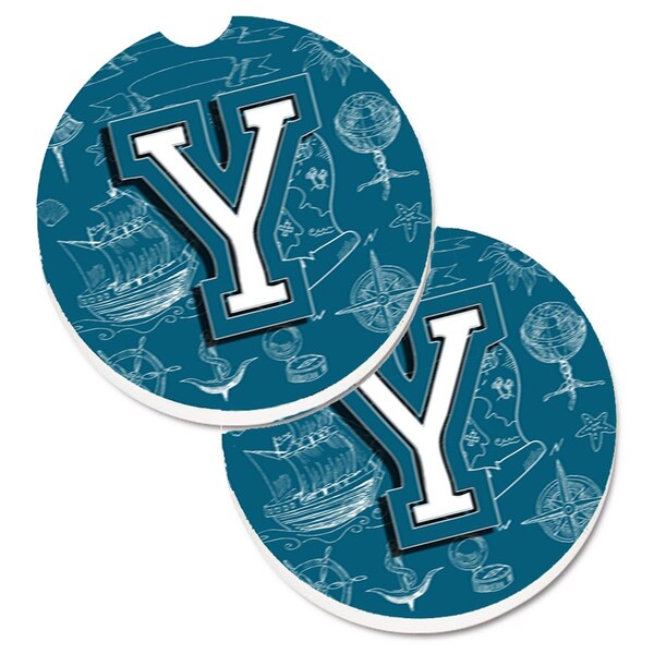 Carolines Treasures Letter Y Sea Doodles Initial Alphabet Cup Holder Car Coaster, 2PK - CJ2014-YCARC