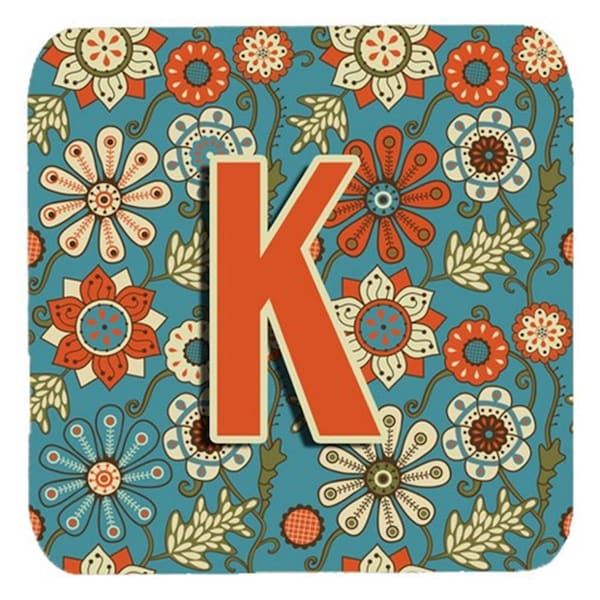 Carolines Treasures Letter K Flowers Retro Blue Foam Coasters- Set of 4 - CJ2012-KFC