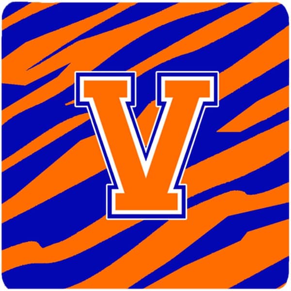 Carolines Treasures Monogram - Tiger Stripe - Blue Orange Foam Coasters- Initial Letter V, 3.5 x 3.5 in., 4PK - CJ1023-VFC