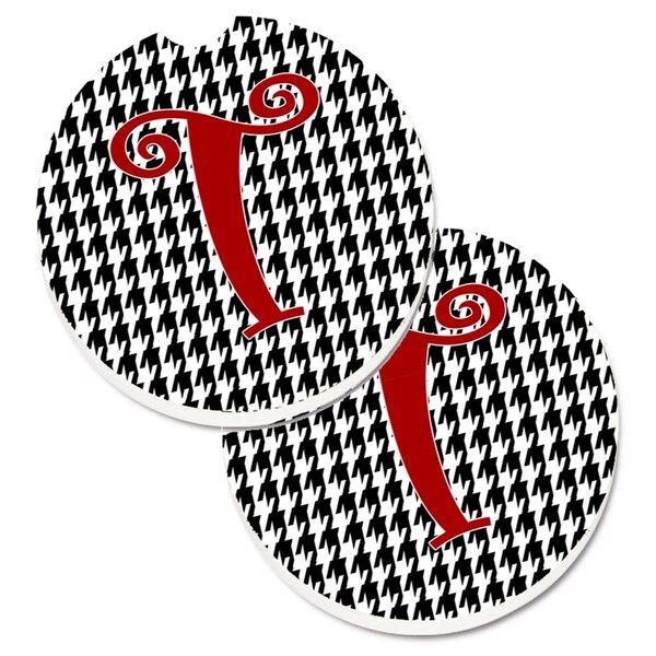 Carolines Treasures Monogram Initial T Houndstooth Black Cup Holder Car Coaster, 2PK - CJ1035-TCARC