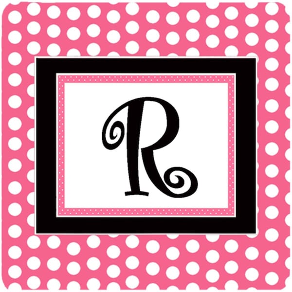 Carolines Treasures Monogram - Pink Black Polka Dots Foam Coasters- Initial Letter R- 3.5 x 3.5 In., 4PK - CJ1001-RFC