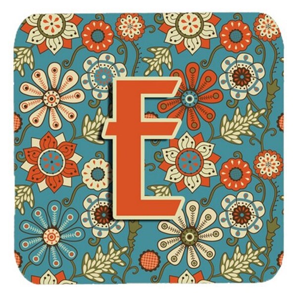 Carolines Treasures Letter E Flowers Retro Blue Foam Coasters- Set of 4 - CJ2012-EFC