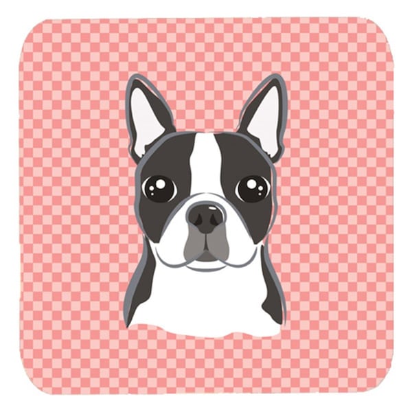 Carolines Treasures 3.5 x 3.5 In. Checkerboard Pink Boston Terrier Foam Coasters- Set of 4 - BB1203FC