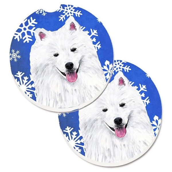Carolines Treasures Carolines Treasures SC9379CARC American Eskimo Winter Snowflakes Holiday Set of 2 Cup Holder Car Coaster - SC9379CARC